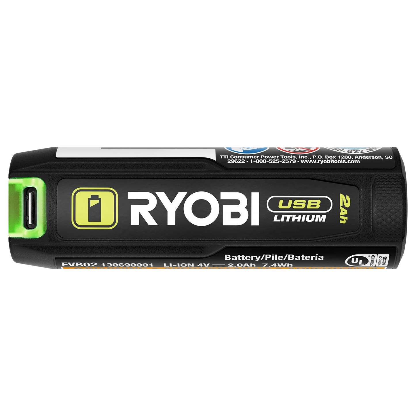 Ryobi USB 2.0Ah Battery Power Bank with LED Gauge & USB-C Cable