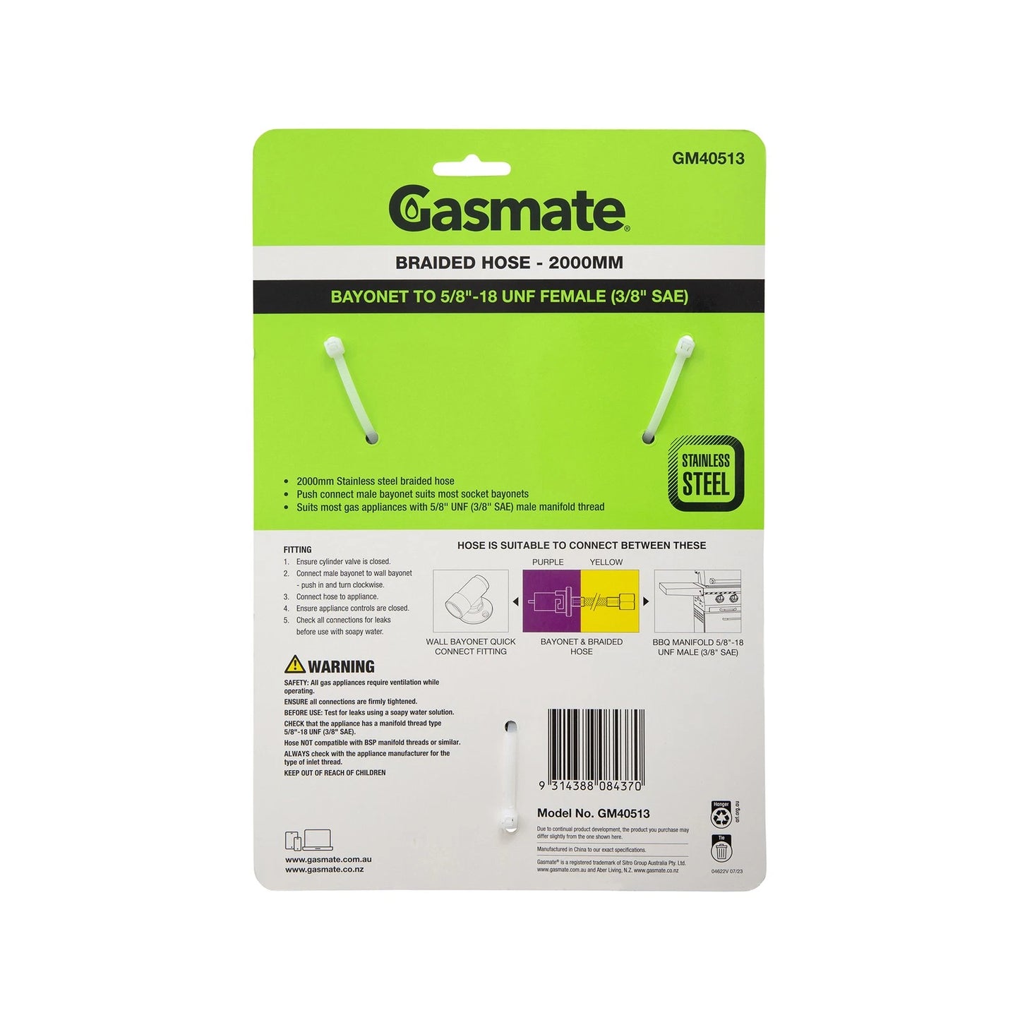 Gasmate 2000mm Braided Hose - Bayonet to 5/8" UNF (3/8" SAE) Stainless Steel