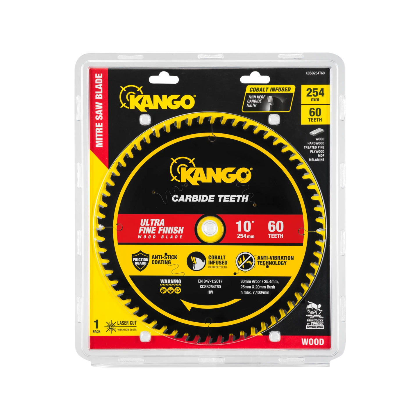 Kango 254mm 60T Mitre Saw Blade, Cobalt Teeth, Anti-Stick, Anti-Kickback
