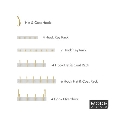 MODE 4 Brushed Brass Hooks White Board Hat & Coat Rack, Durable & Easy Install