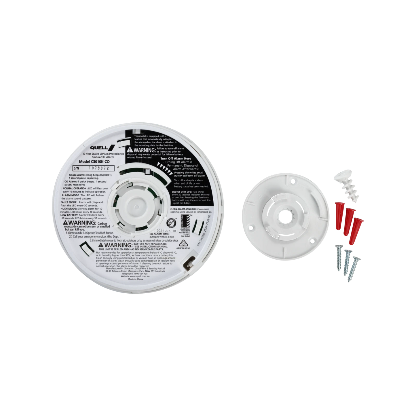 Quell Worry-Free Photoelectric & CO Alarm, 10-Year Battery, Dual Detection, Kitchen Safe