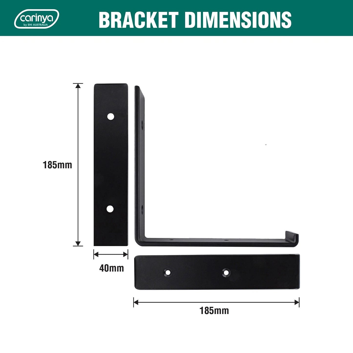 Carinya Black 185x185mm Hanging Lipped Angle Bracket, 100kg Load Capacity, Powder Coated Steel