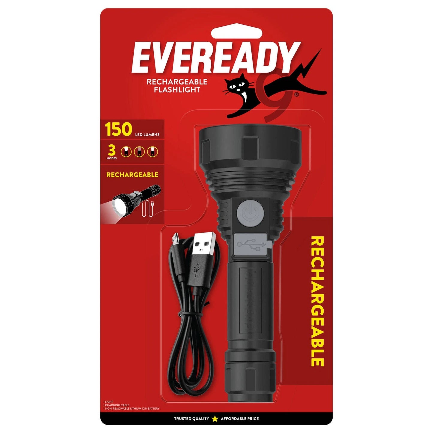 Eveready Rechargeable Torch 150 Lumen, USB Charging, Multiple Modes, High Brightness