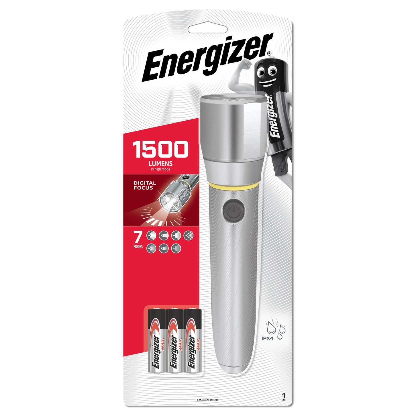 Energizer 1500lm Metal Vision HD LED Torch, 230m Beam, IPX4, Strobe, 6AA Batteries Included