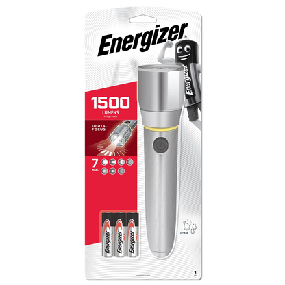 Energizer 1500lm Metal Vision HD LED Torch, 230m Beam, IPX4, Strobe, 6AA Batteries Included