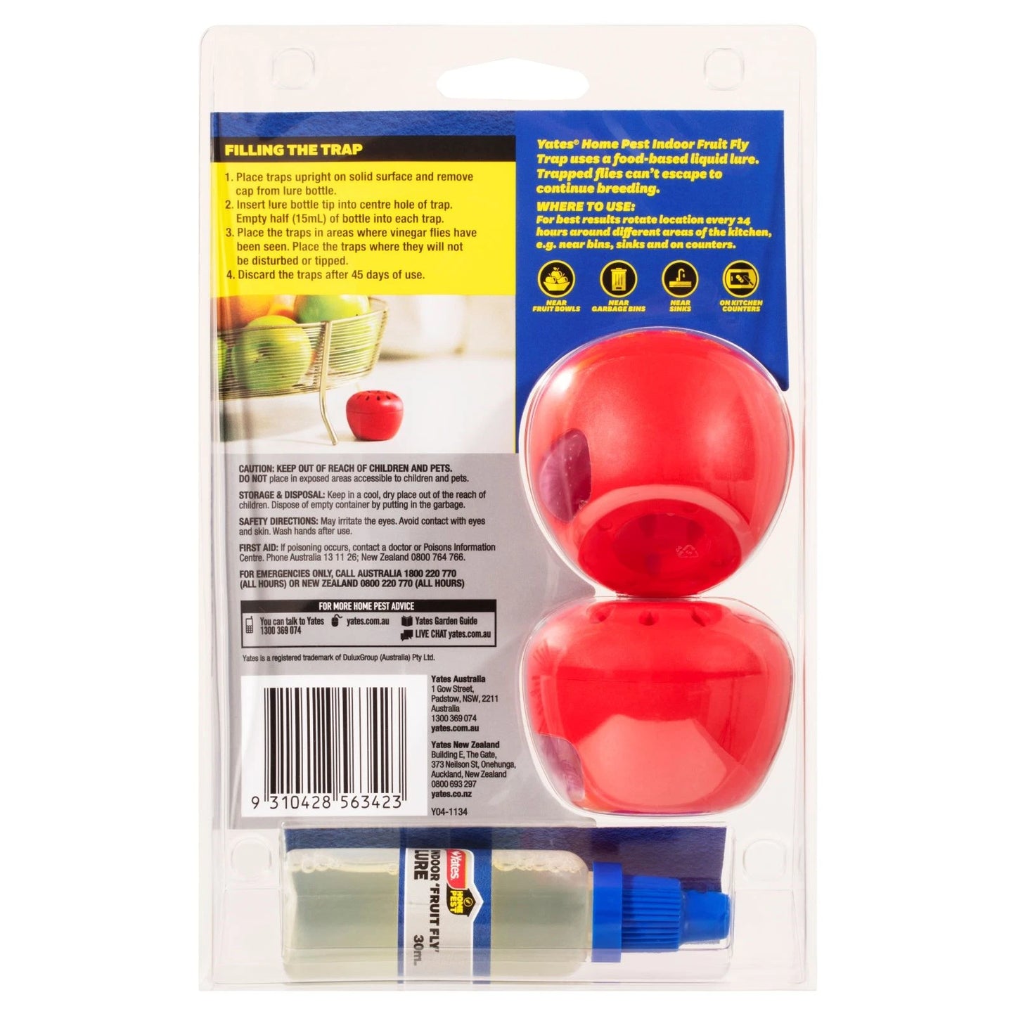 Yates Indoor Fruit Fly Trap 2 Pack - Pesticide-Free, Long-Lasting, Apple-Shaped Design