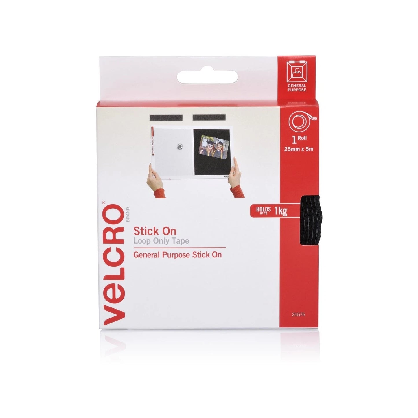 VELCRO® 25mm x 5m Black Stick On Loop Tape - Strong Adhesive, Durable Nylon