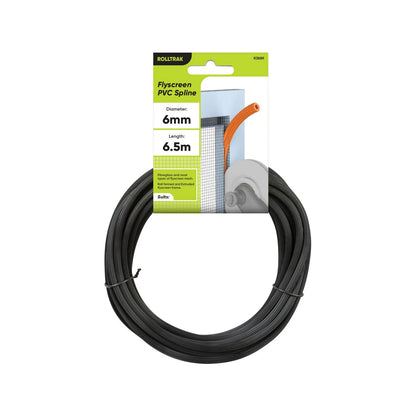 Rolltrak Black Flyscreen Spline 6mm x 6.5m PVC Easy Install for Sliding Doors & Windows