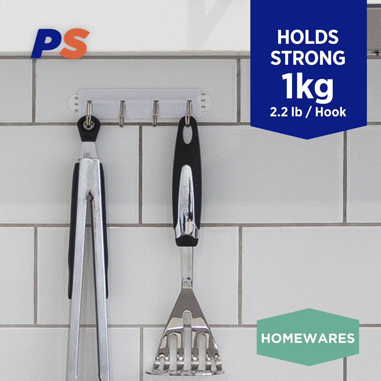 Permastik Kitchen Utility Rack, Self-Adhesive, No Drilling, Supports 1kg, Easy Removal