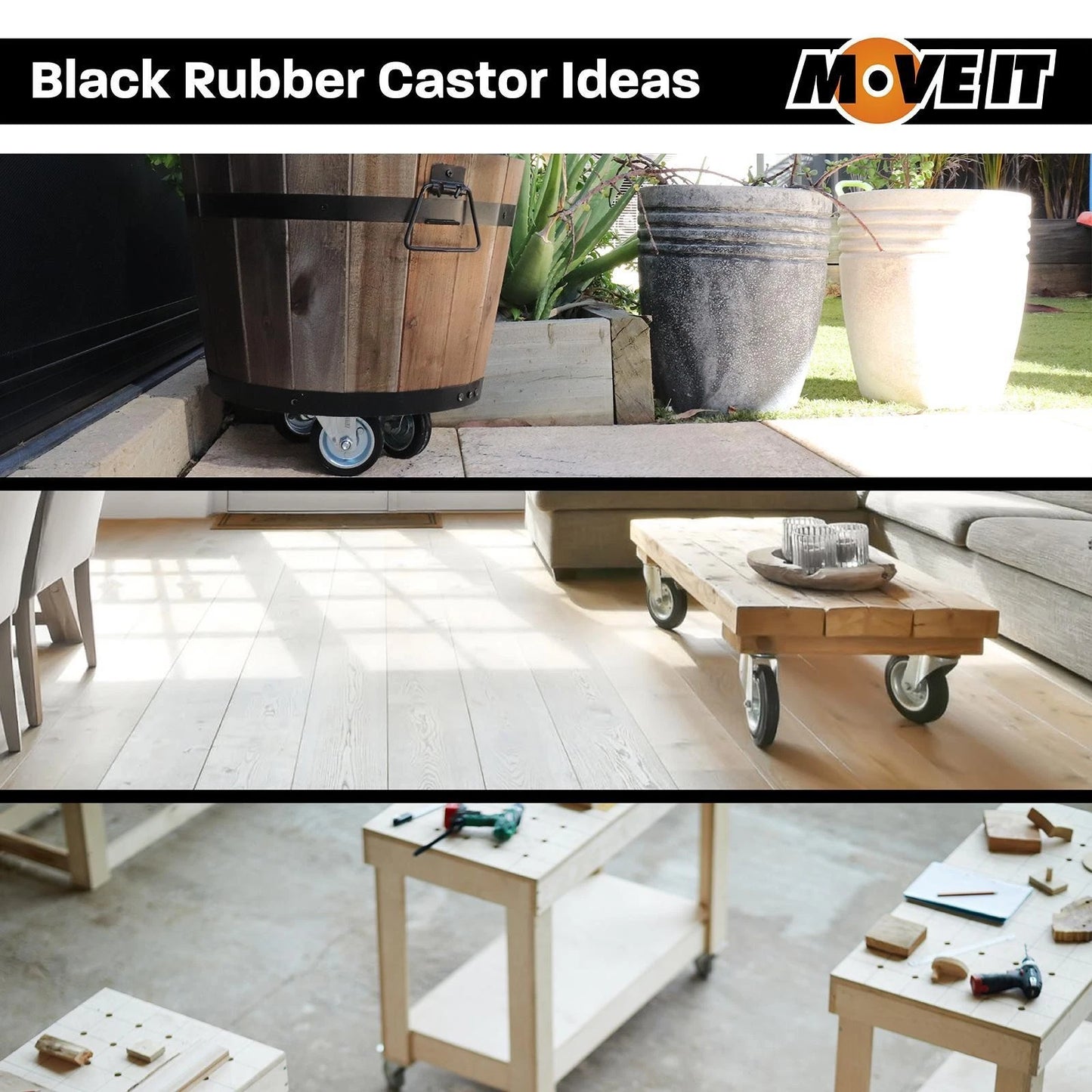 Move It 125mm 100kg Black Rubber Fixed Plate Castor for Industrial Use