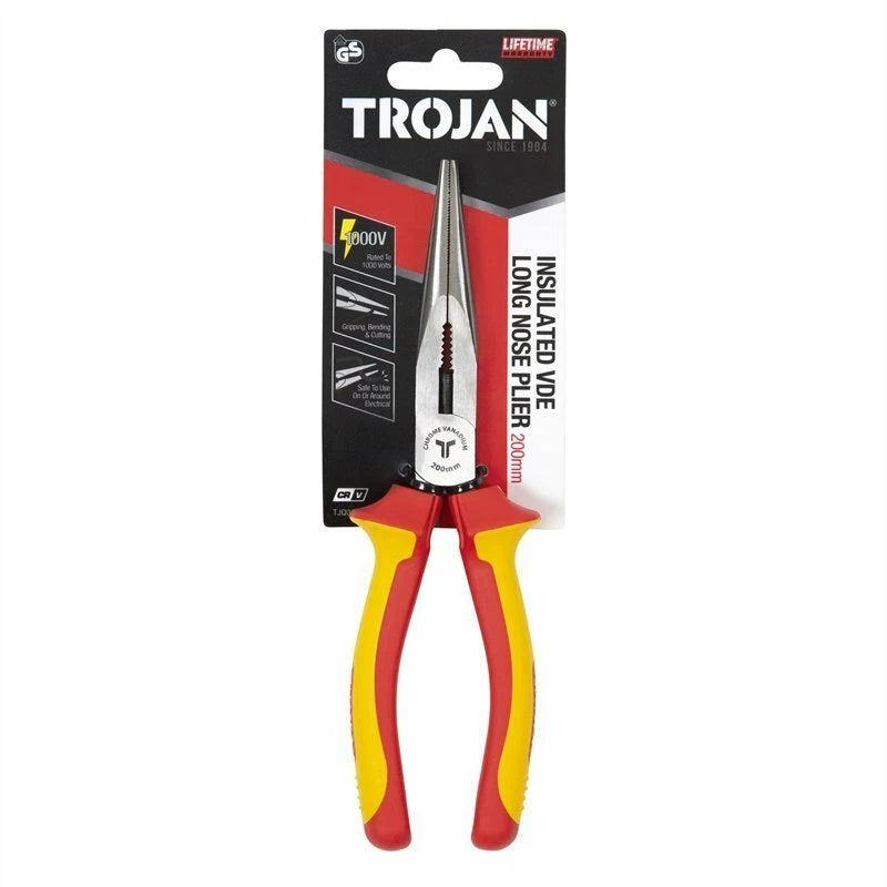 Trojan 200mm VDE Long Nose Plier - Induction Hardened, Ergonomic, Lifetime Warranty