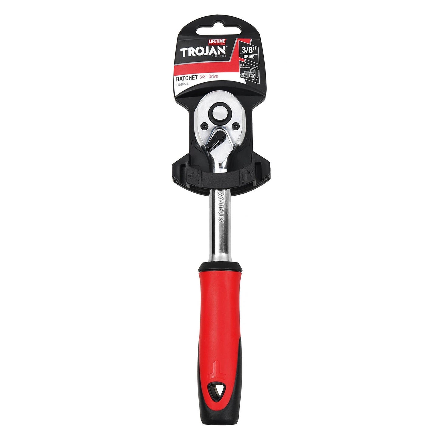 Trojan 3/8" Drive Ratchet with Grip, 72 Tooth, CR-MO Core, Reversible, Lifetime Warranty
