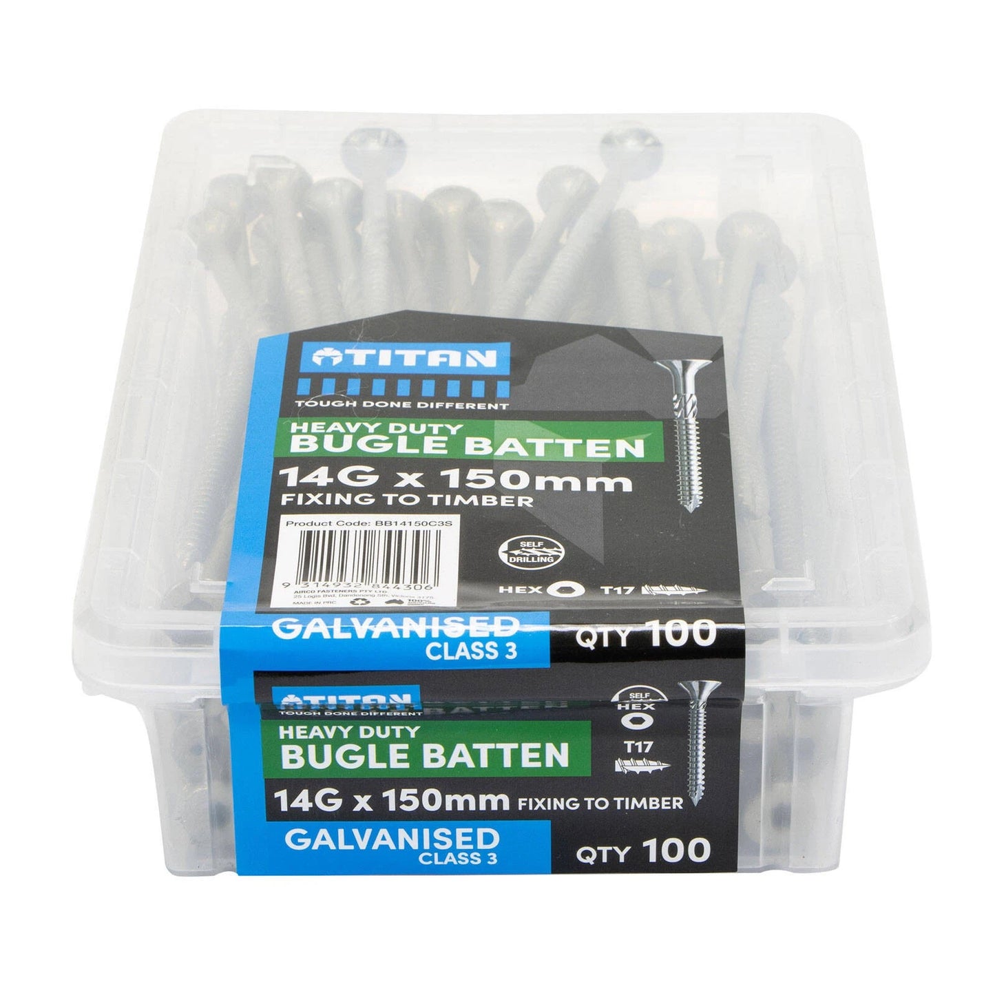 Titan 14G x 150mm Galvanised Bugle Batten Screws - 100 Pack, Outdoor Corrosion Resistant