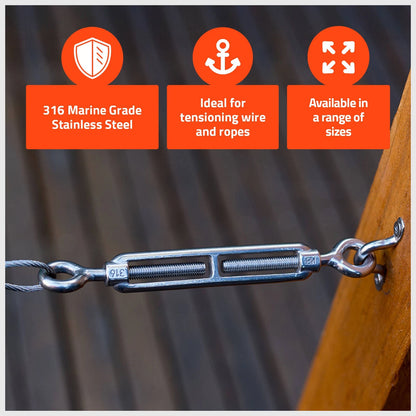 Taskmaster 8mm Marine Grade Stainless Steel Eye & Eye Turnbuckle for Rigging & Tensioning