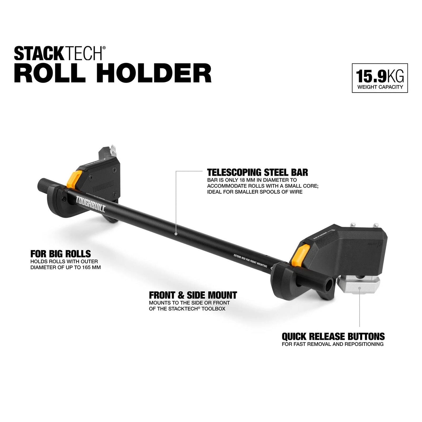 ToughBuilt StackTech Roll Holder, Telescoping Bar, 15kg Capacity, Quick Release
