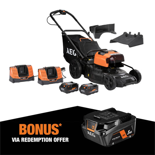 AEG 36V 18" FUSION Lawn Mower Kit, Brushless Motor, 2x18V Batteries, Steel Deck, 3-in-1 Function