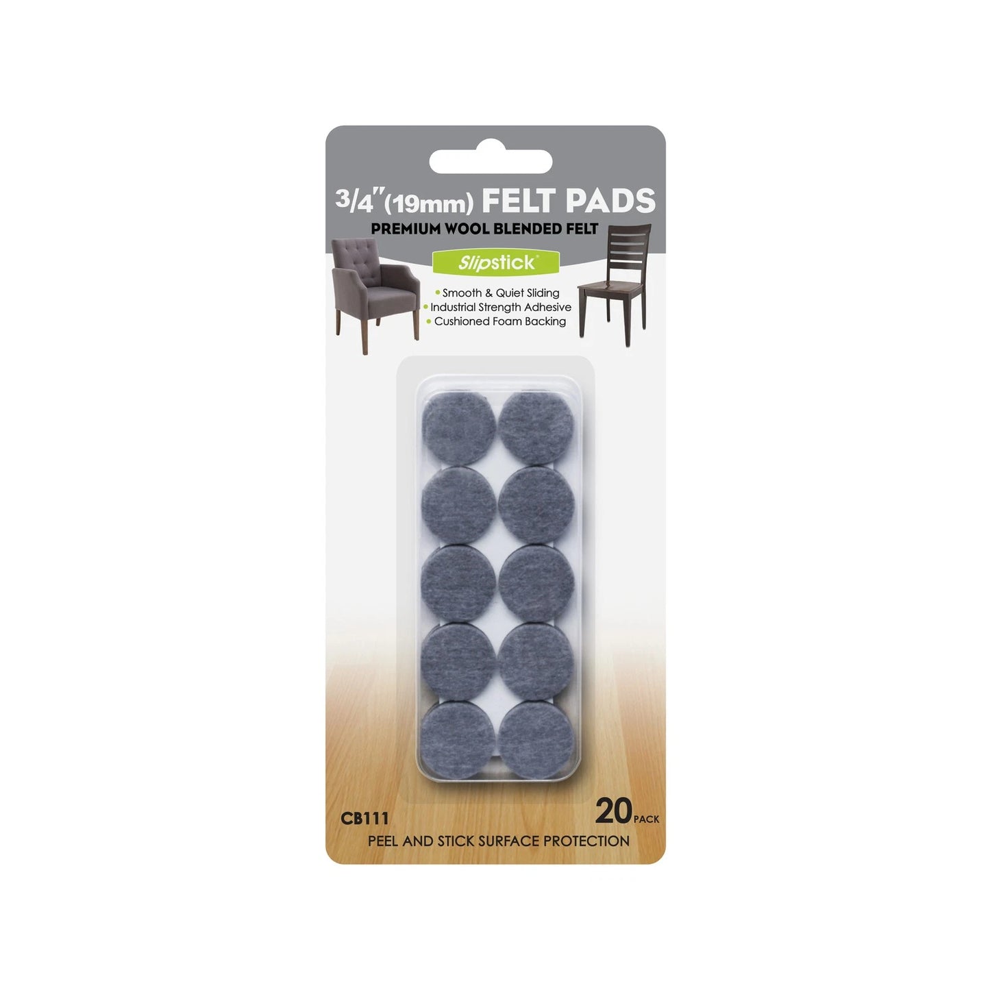 Slipstick 19mm Grey Round Wool Blended Floor Protection Felt Pads - 20 Pack