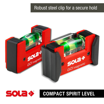 SOLA Mini Compact Spirit Level with Magnetic Clip, Focus Vial, V-Groove, Luminous Backing