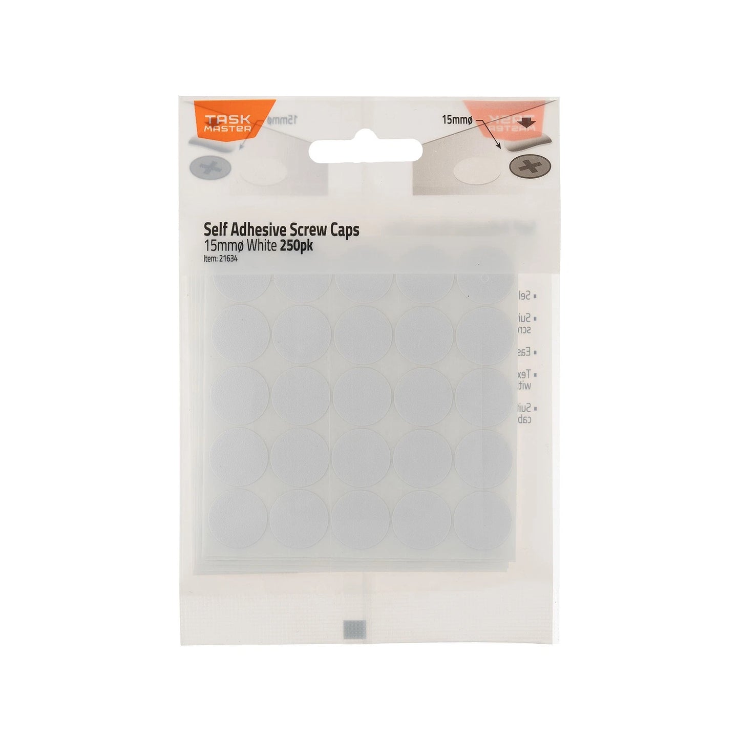 Taskmaster 15mm White Self Adhesive Screw Caps 250 Pcs for Cabinets & Furniture