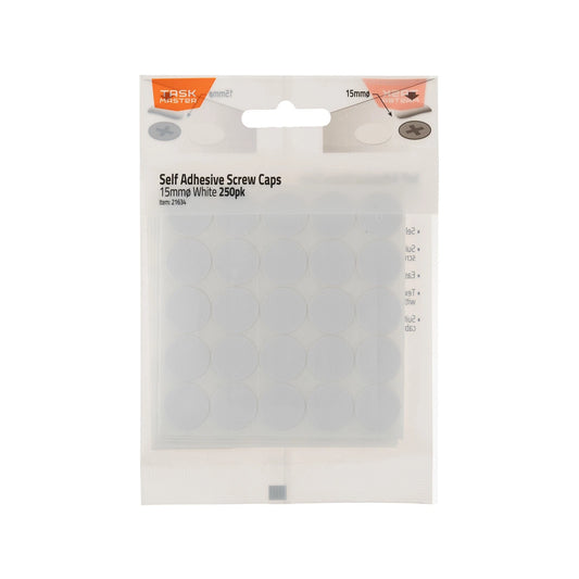 Taskmaster 15mm White Self Adhesive Screw Caps 250 Pcs for Cabinets & Furniture