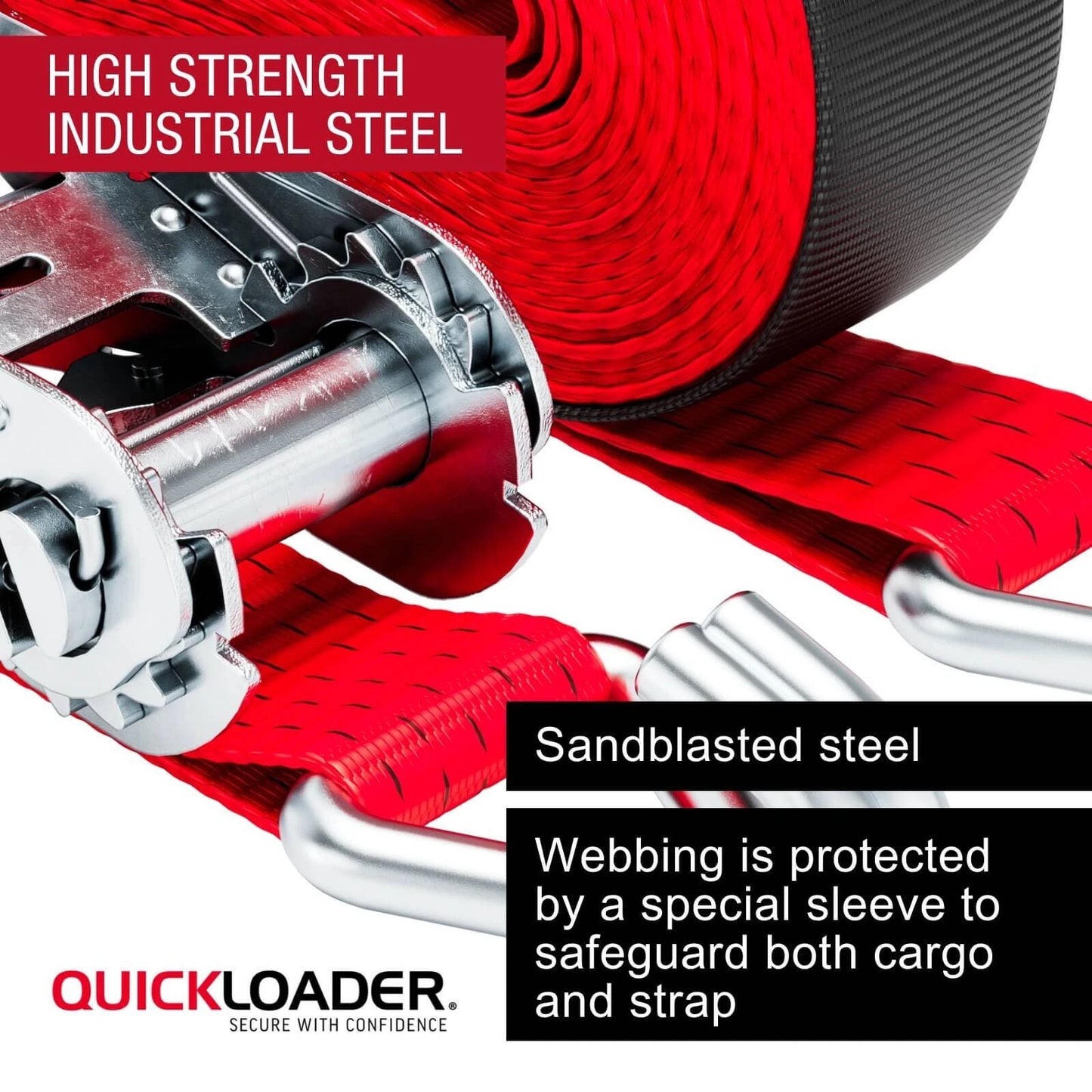 Quickloader 10m Ratchet Strap Tie Down 2500kg Lashing Capacity with Steel J-Hooks