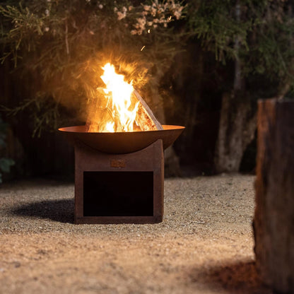 Glow Tambo Weathering Steel Fire Pit with Log Storage for Outdoor Use