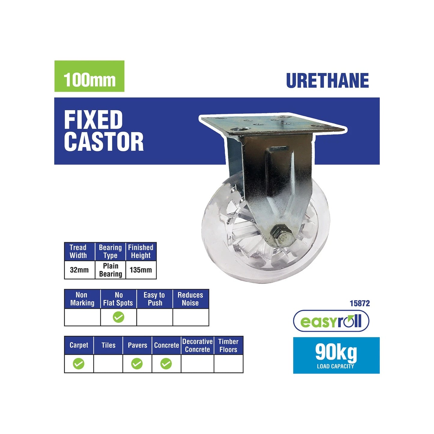 Easyroll 100mm Transparent Polyurethane Fixed Plate Castor 90kg Load Capacity
