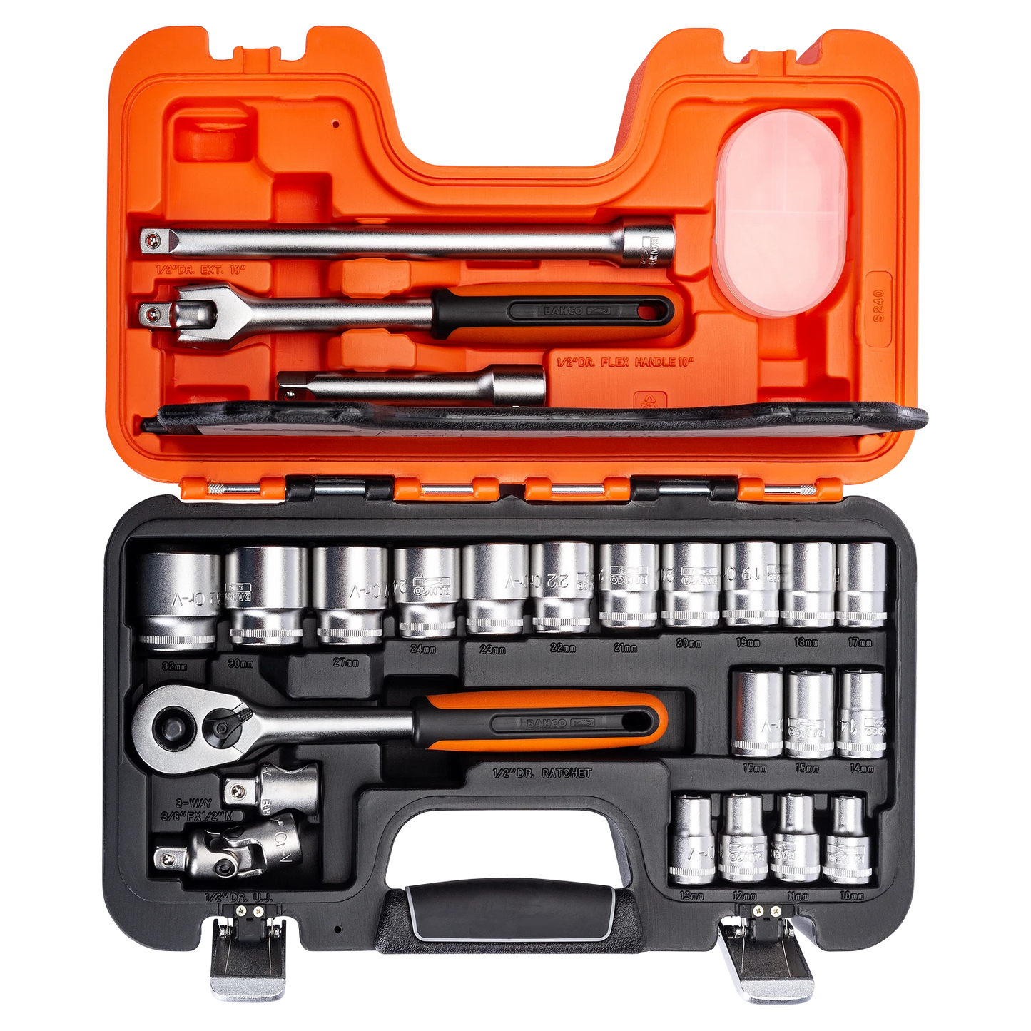 Bahco 1/2" Square Drive Socket Set with Metric Hex Profile & Ratchet, Alloy Steel, Quick Release