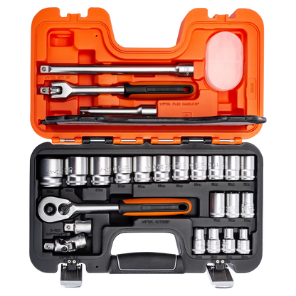 Bahco 1/2" Square Drive Socket Set with Metric Hex Profile & Ratchet, Alloy Steel, Quick Release