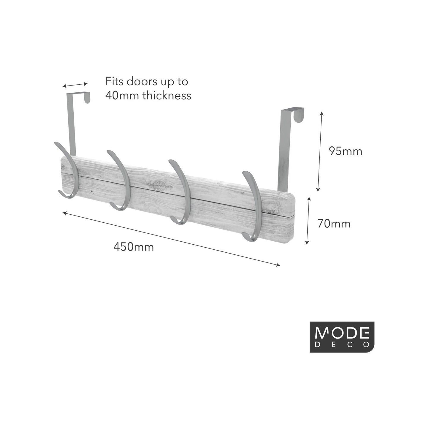 MODE 4 Brushed Nickel Over Door Hooks on White Wash Board Hanger, No Tools Required