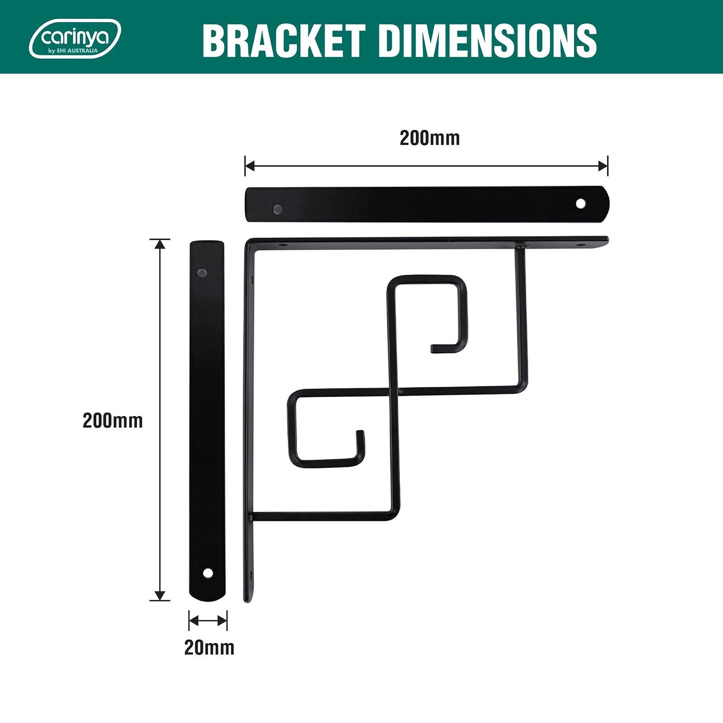 Carinya Black Square Scroll Stayed Bracket 200x200mm, Powder Coated Steel, Indoor/Outdoor Use