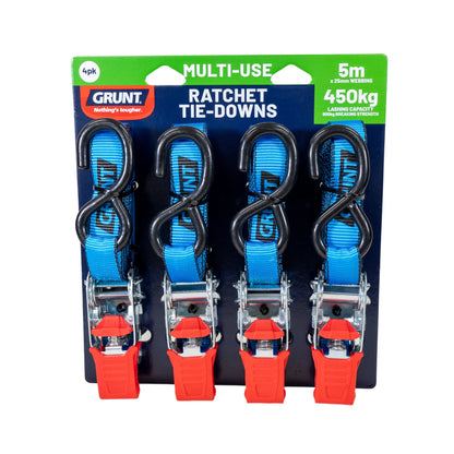 GRUNT Ratchet Tie Down 25mm x 5m 450KG Pack of 4 - 900kg Strength, Anti-Rust, Non-Scratch Hook