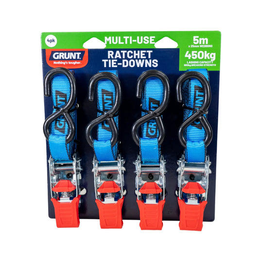 GRUNT Ratchet Tie Down 25mm x 5m 450KG Pack of 4 - 900kg Strength, Anti-Rust, Non-Scratch Hook