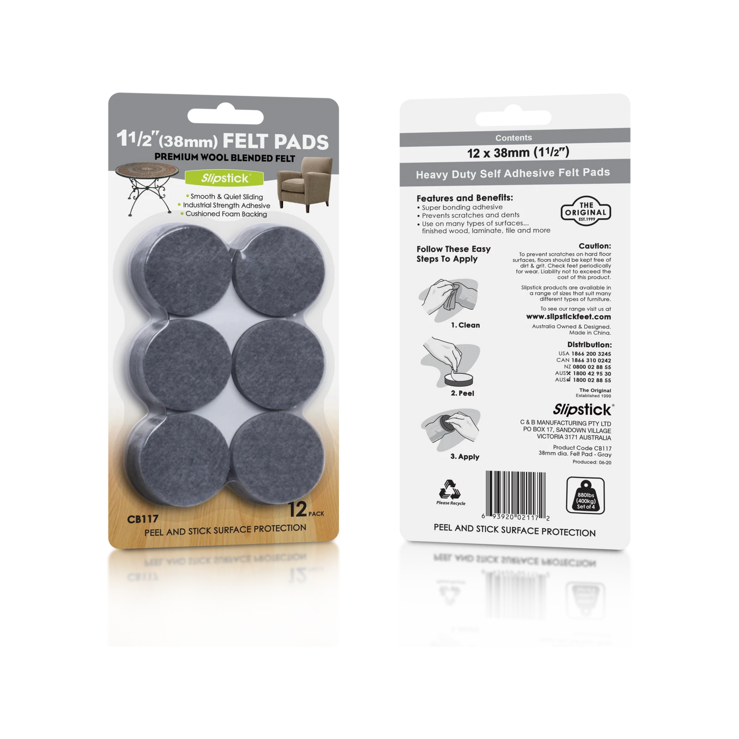 Slipstick 38mm Grey Round Wool Blended Felt Pads - 12 Pack, Floor Protection