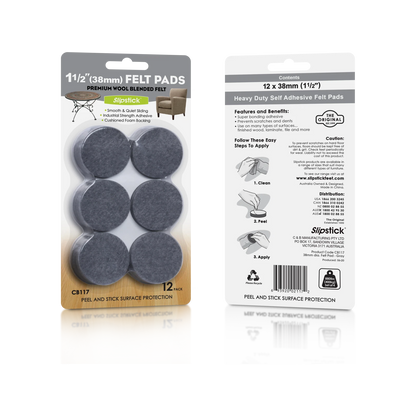 Slipstick 38mm Grey Round Wool Blended Felt Pads - 12 Pack, Floor Protection