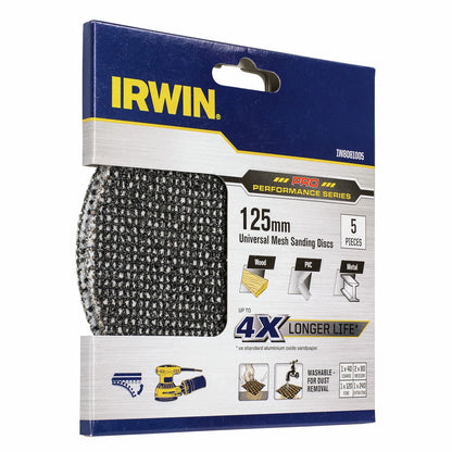 Irwin 125mm Mixed Grit Orbital Sanding Discs - 5 Pack, Washable Mesh, Universal Fit