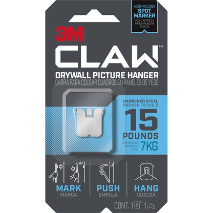 3M Claw™ Picture Hanger - 7kg Capacity, No Tools Needed, Stainless Steel, 1 Pack