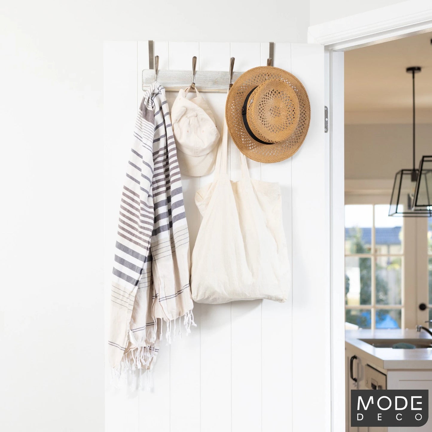 MODE 4 Brushed Nickel Over Door Hooks on White Wash Board Hanger, No Tools Required