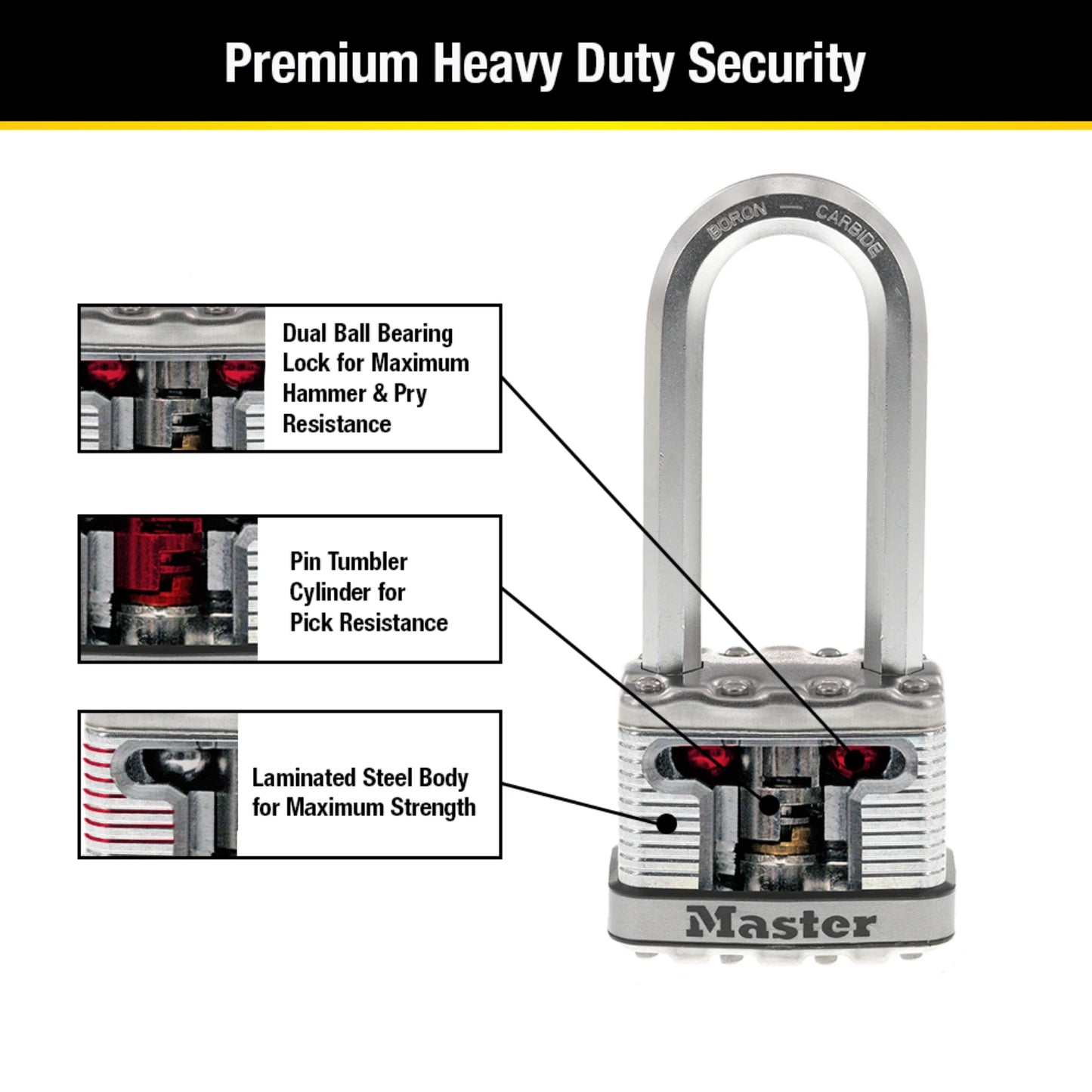 Master Lock Magnum 51mm Padlock with 64mm Long Boron-Carbide Shackle, Weather Resistant