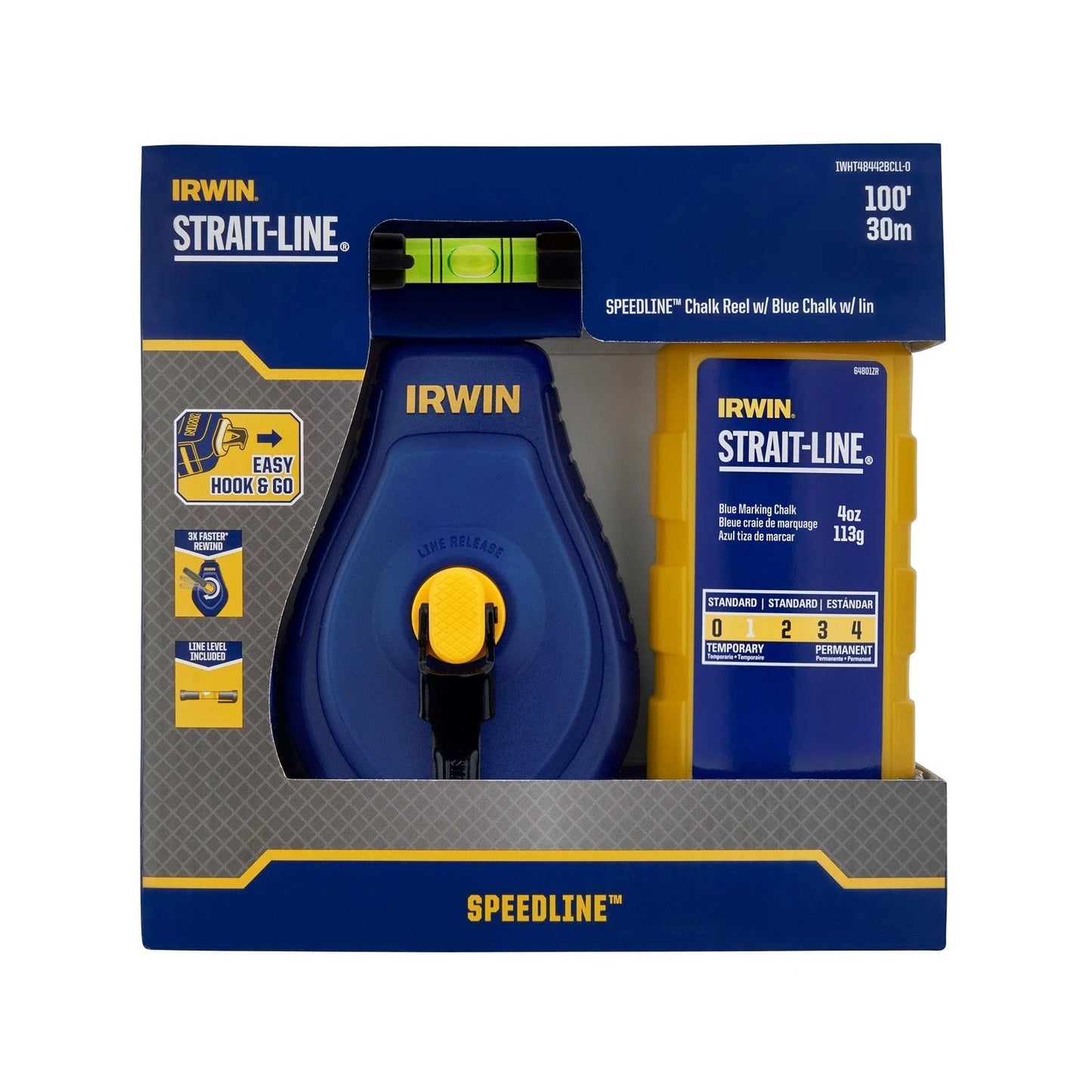 IRWIN Chalk Reel 30M with Fast Rewind, Anti-Jam Spool, Blue Chalk & Line Level