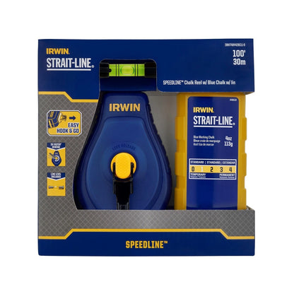 IRWIN Chalk Reel 30M with Fast Rewind, Anti-Jam Spool, Blue Chalk & Line Level