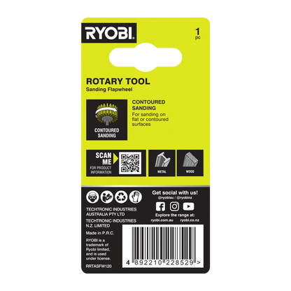 Ryobi 120 Grit Flap Wheel for Rotary Tool - Timber & Metal Surface Smoothing
