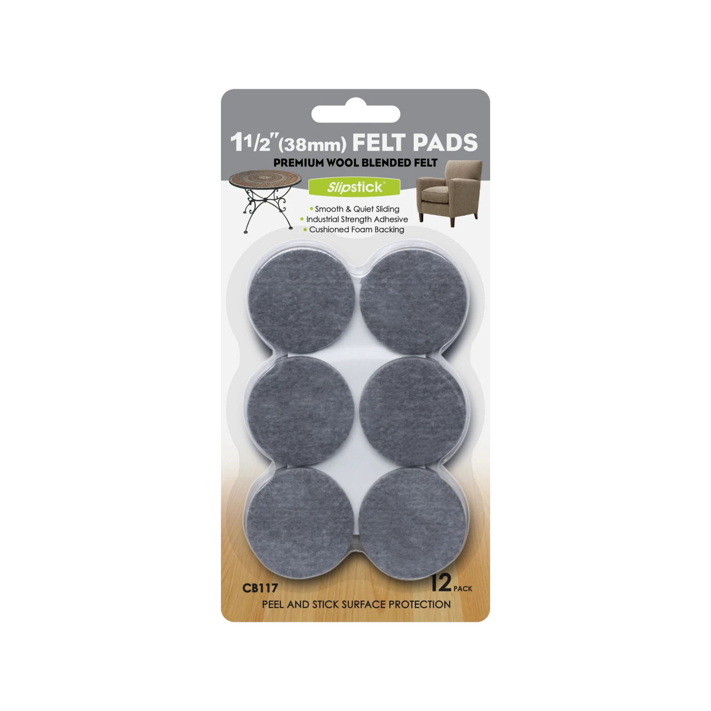 Slipstick 38mm Grey Round Wool Blended Felt Pads - 12 Pack, Floor Protection