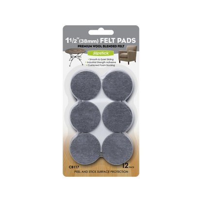 Slipstick 38mm Grey Round Wool Blended Felt Pads - 12 Pack, Floor Protection
