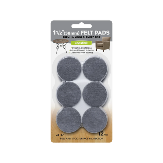 Slipstick 38mm Grey Round Wool Blended Felt Pads - 12 Pack, Floor Protection