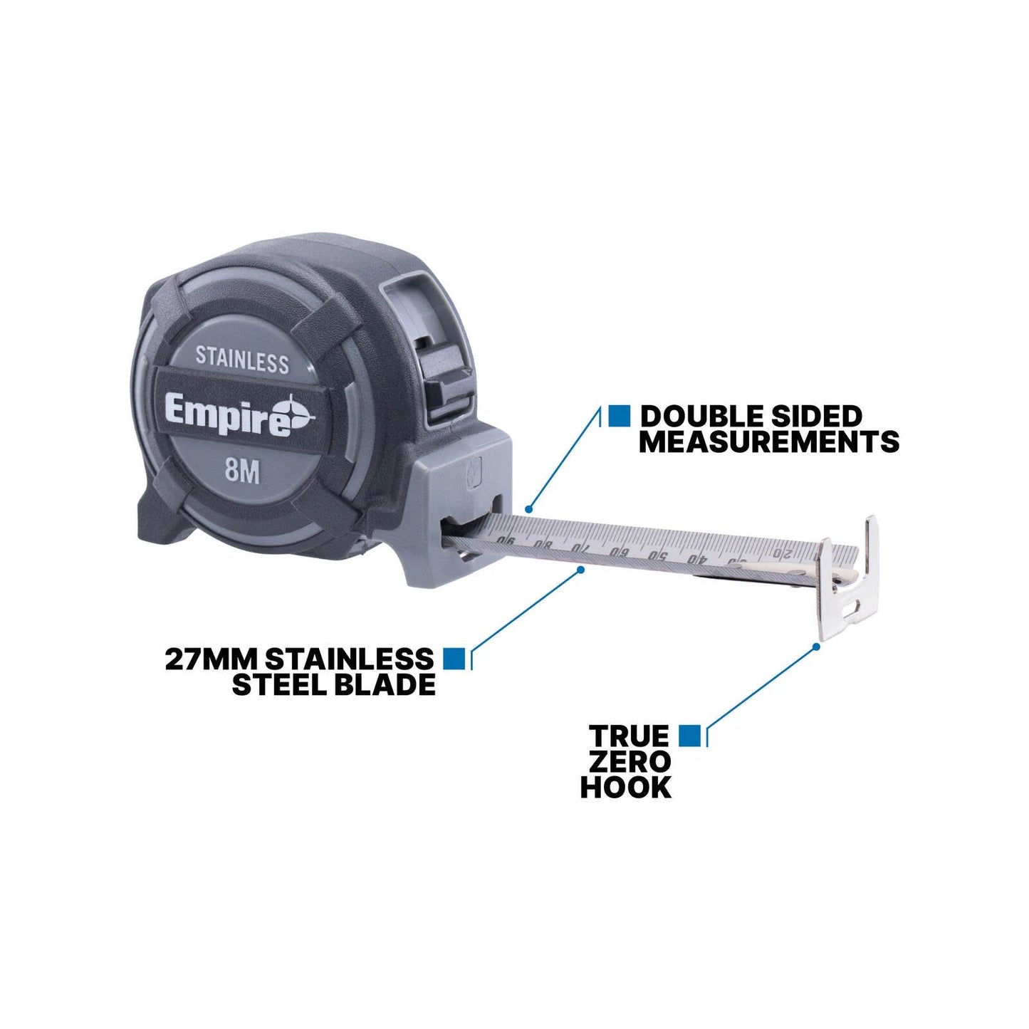 Empire 8m Stainless Steel Tape Measure, Nylon-Coated, Double-Sided, True Zero Hook