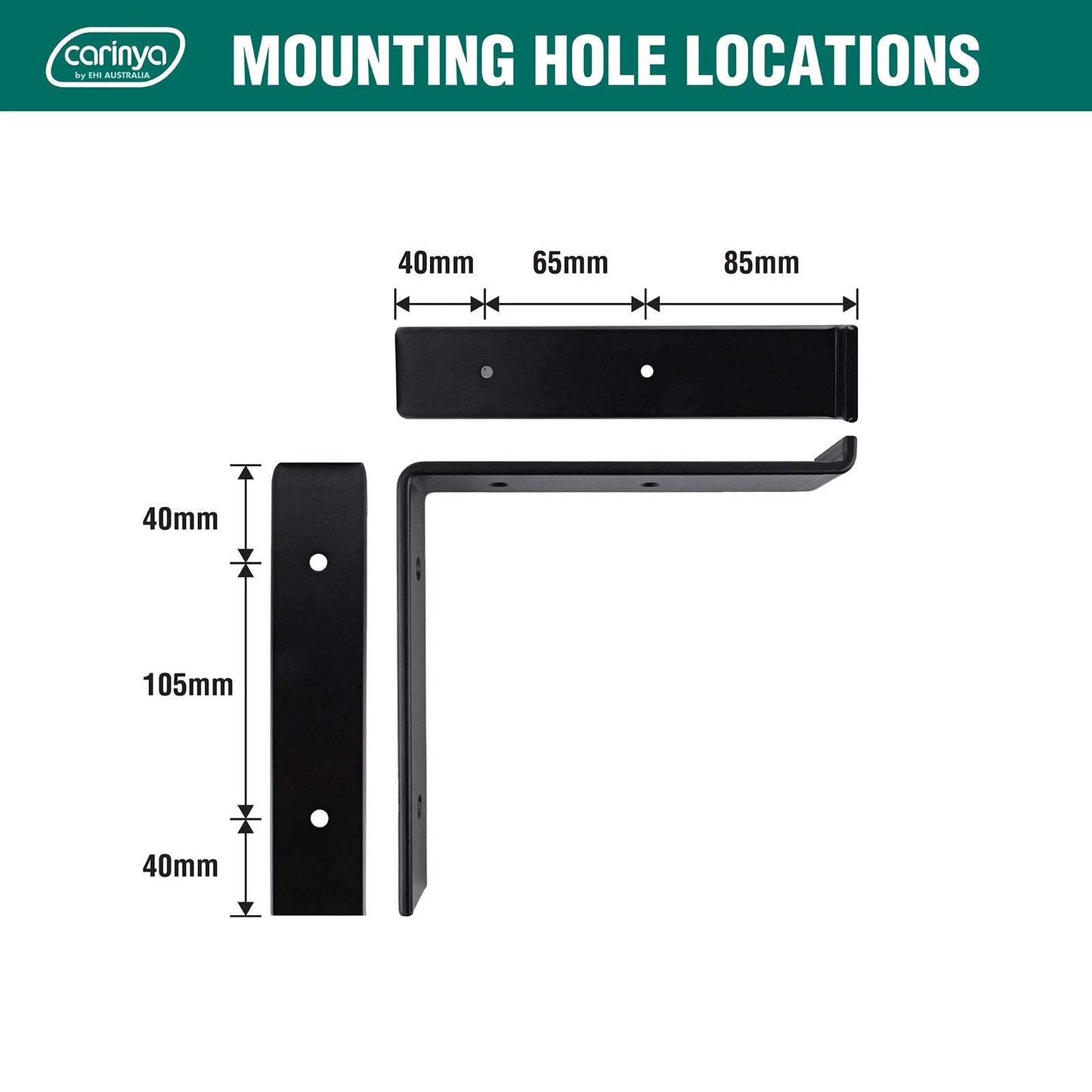 Carinya Black Lipped Angle Bracket 185x185mm, 100kg Load, Powder Coated Steel