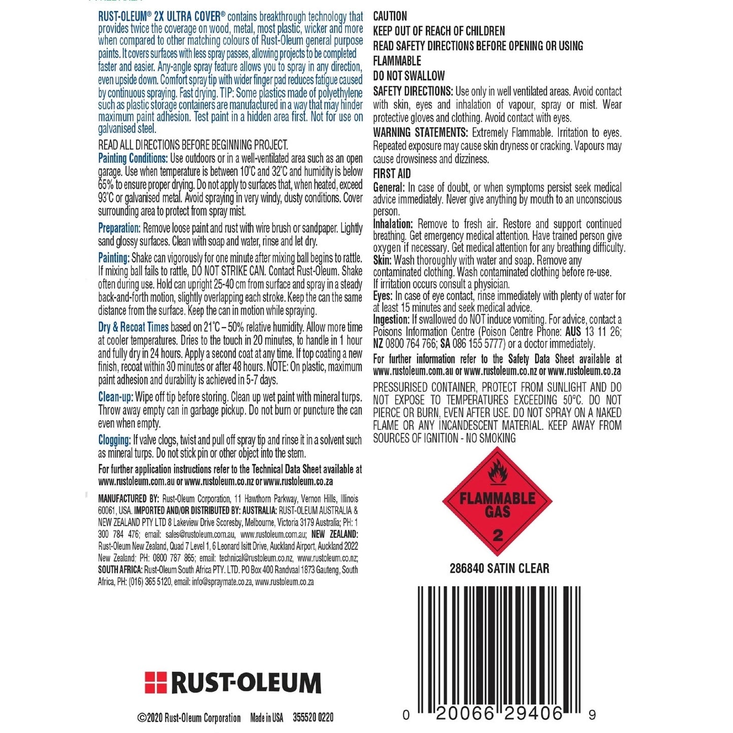 Rust-Oleum 298g 2X Ultra Cover Satin Clear Spray Paint, Fast Drying, Indoor/Outdoor Use