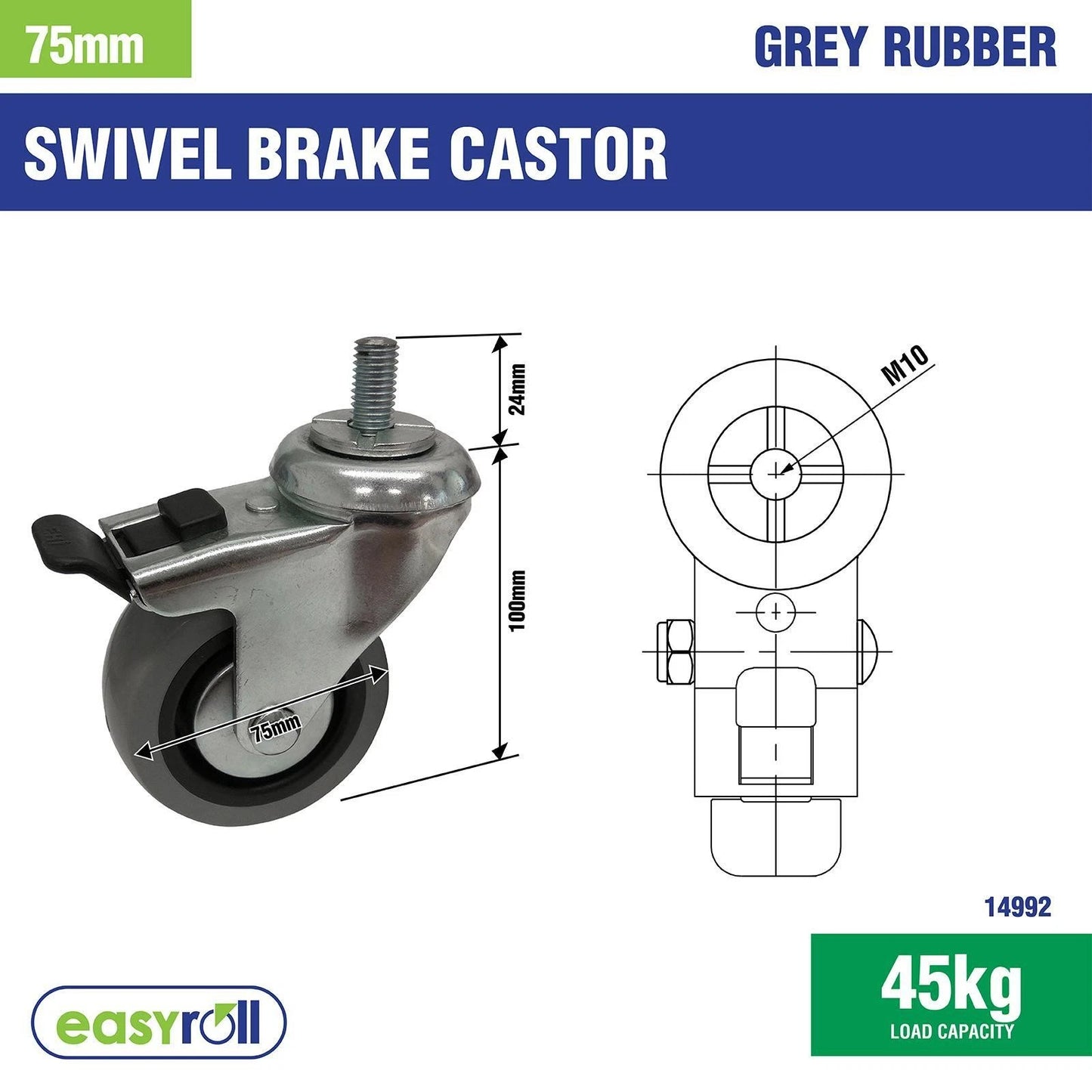 Easyroll 75mm Grey Rubber Swivel Castor with Brake, 45kg Load Capacity