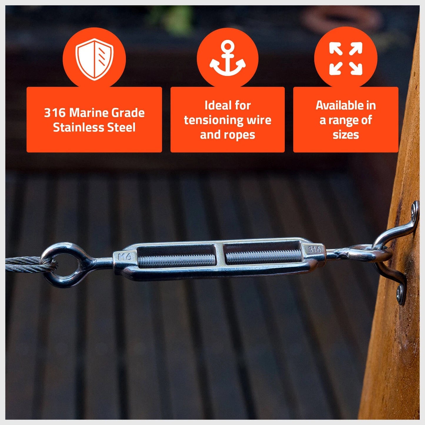 Taskmaster 6mm Stainless Steel Eye and Eye Turnbuckle for Rigging and Tensioning